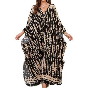 Women's Black Khaki Tie-dye V-Neck Batwing Sleeves Summer Cover Up Kaftan Dress